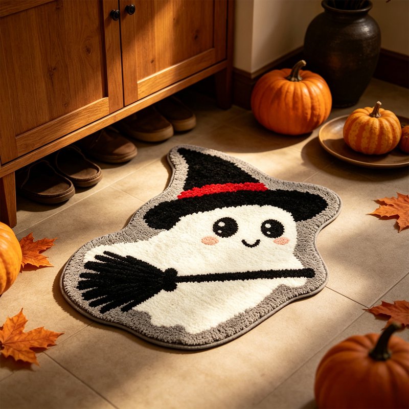 Halloween Ghost Doormat Broom B Style - Washable, Grip-Enhanced Floor Rug