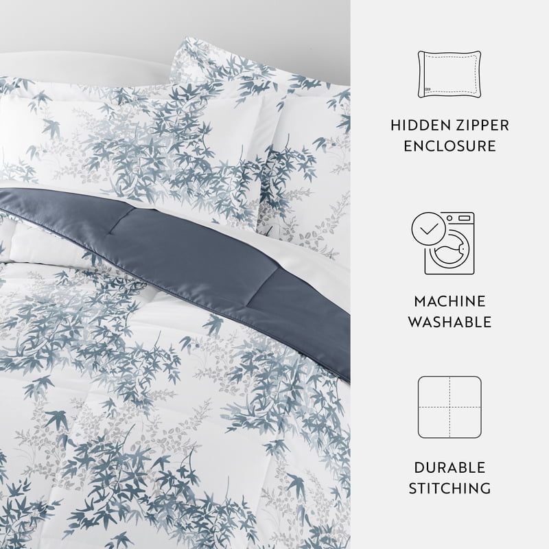 Twin Down Alternative Comforter Set with Bamboo Leaves Pattern - Blue & Stone