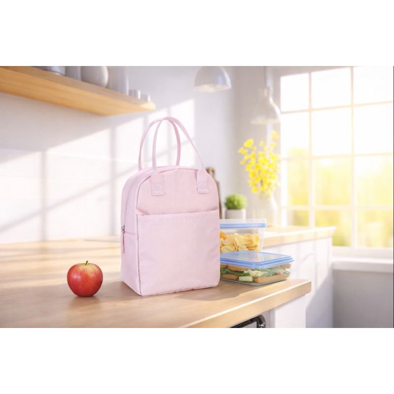 Reusable Polyester Lunch Bag with Zippered Pocket - Pink Blush