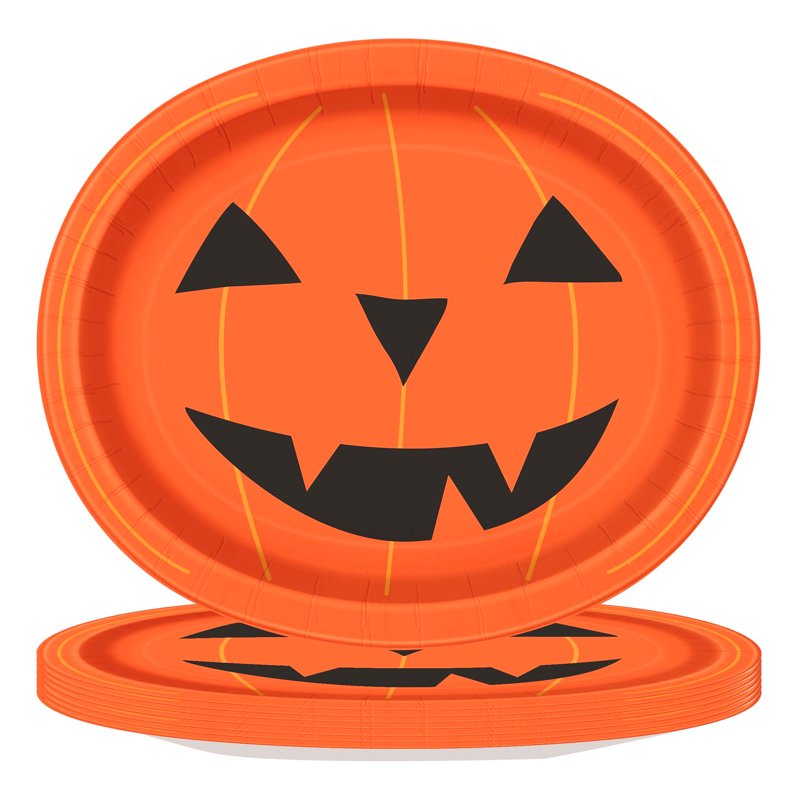 Halloween Jack-o'-Lantern Oval Disposable Paper Plates - Multicolor 12x10 Inch, 8 Pack