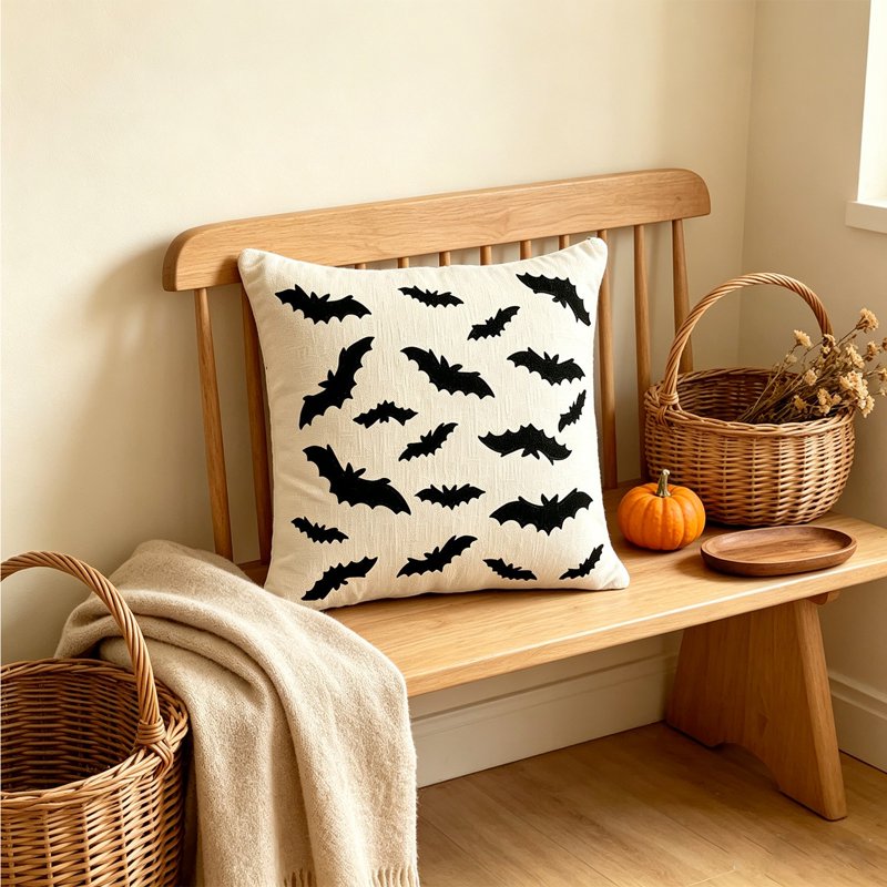 Halloween Ghost Throw Pillow Cover 18x18 Inch - White Plush Faux Fur Cushion Case with Halloween Embroidery - Variation H-B