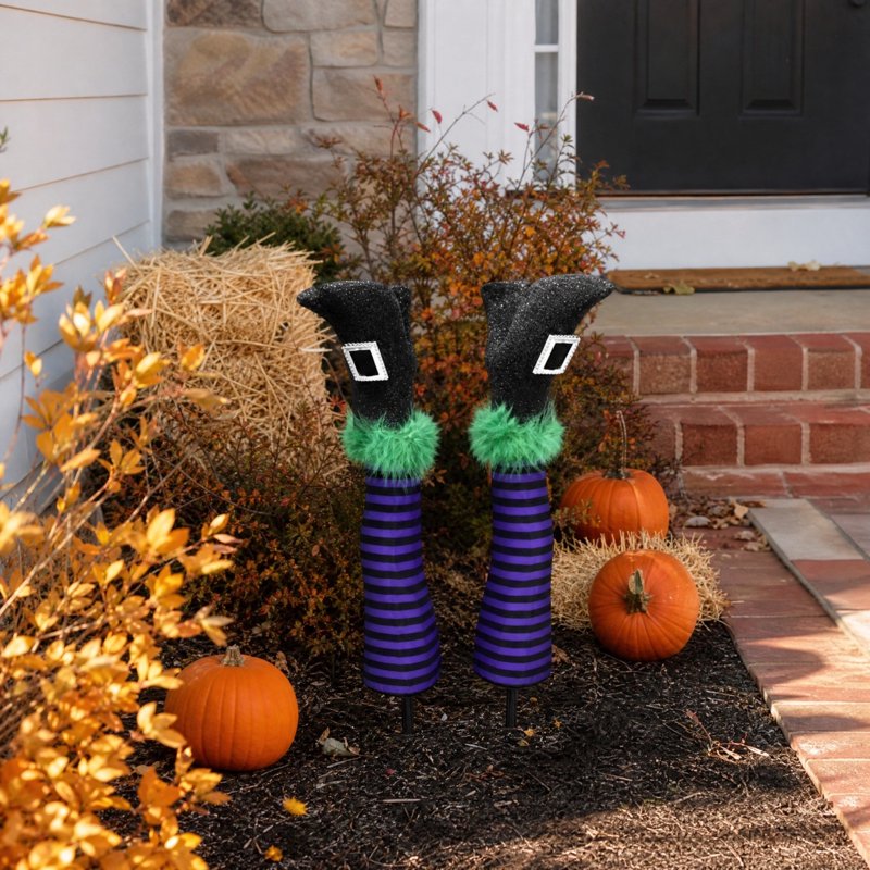 Halloween Witch Leg Yard Stakes with Purple Black Striped Stockings - Outdoor Garden Decor - Set of 2 - Glitter Finish (Variation: Purple)