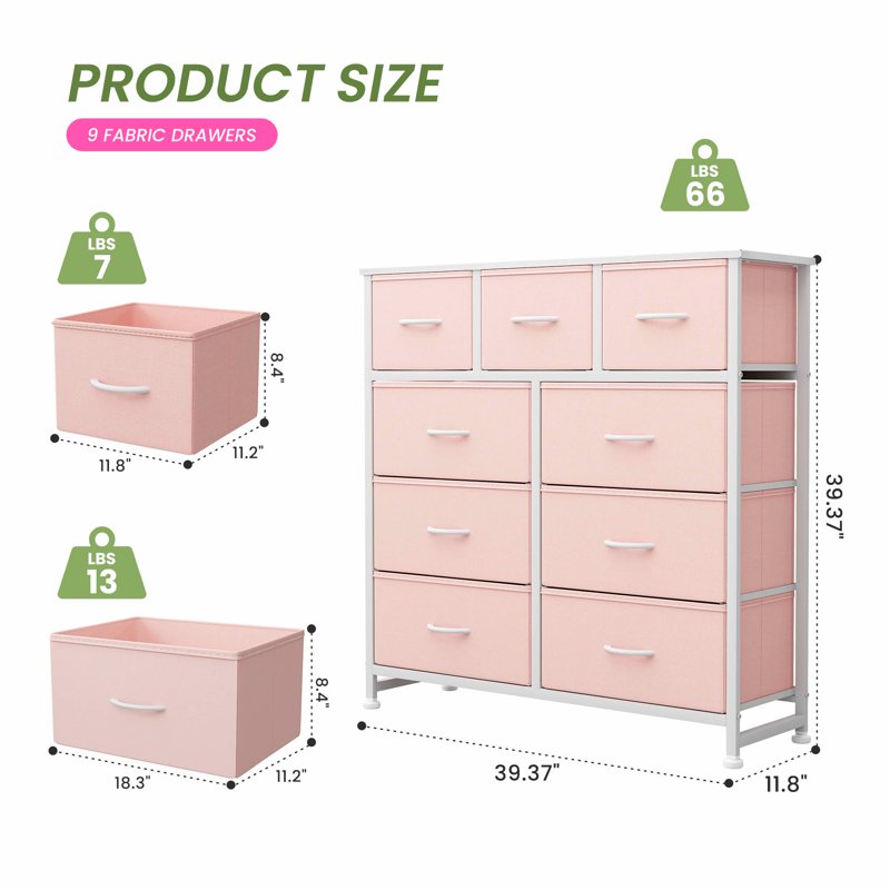 Tall Fabric Storage Dresser Tower with Wooden Top - 9 Drawer Pink