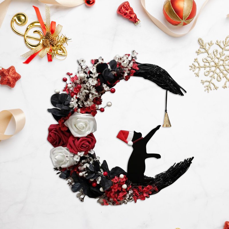 Moon Cat Farmhouse Wreath with Rose Garland for Indoor Outdoor Decor