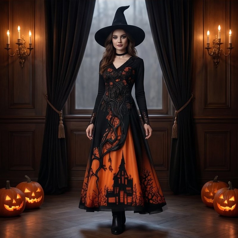 Women's Halloween Gothic Tree Thorn Pattern Lace Maxi Dress - Orange, L