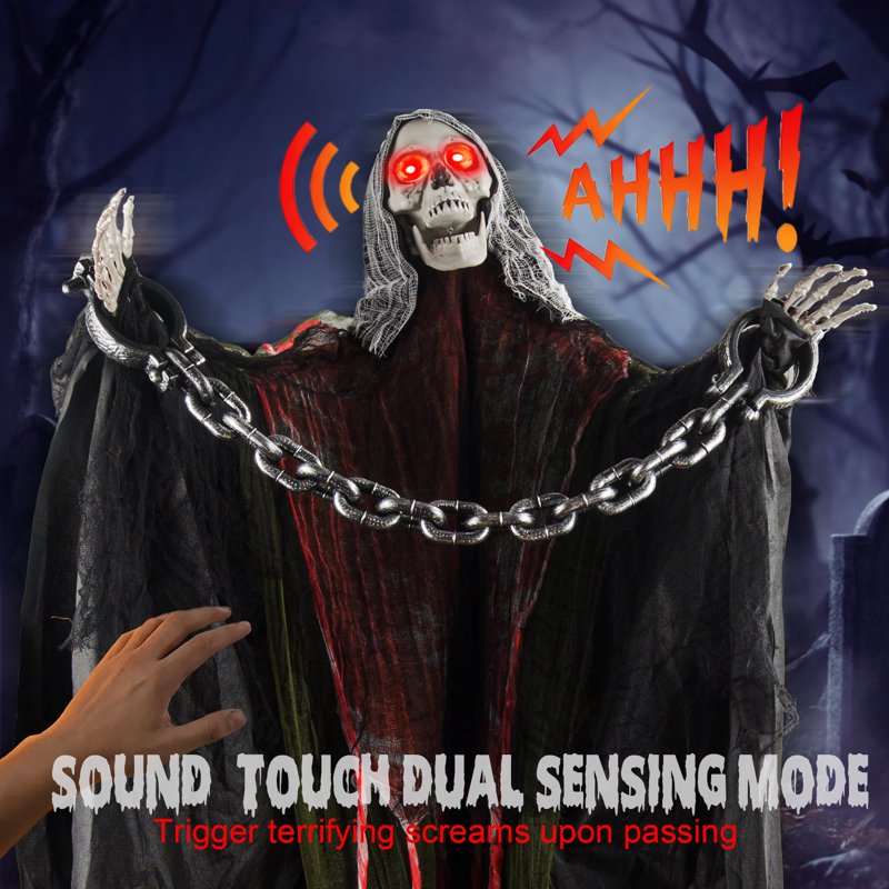 6ft Red Ghost Skeleton Halloween Decor - Outdoor Spooky Ghost, Sound-Activated & Poseable for Yard & Porch
