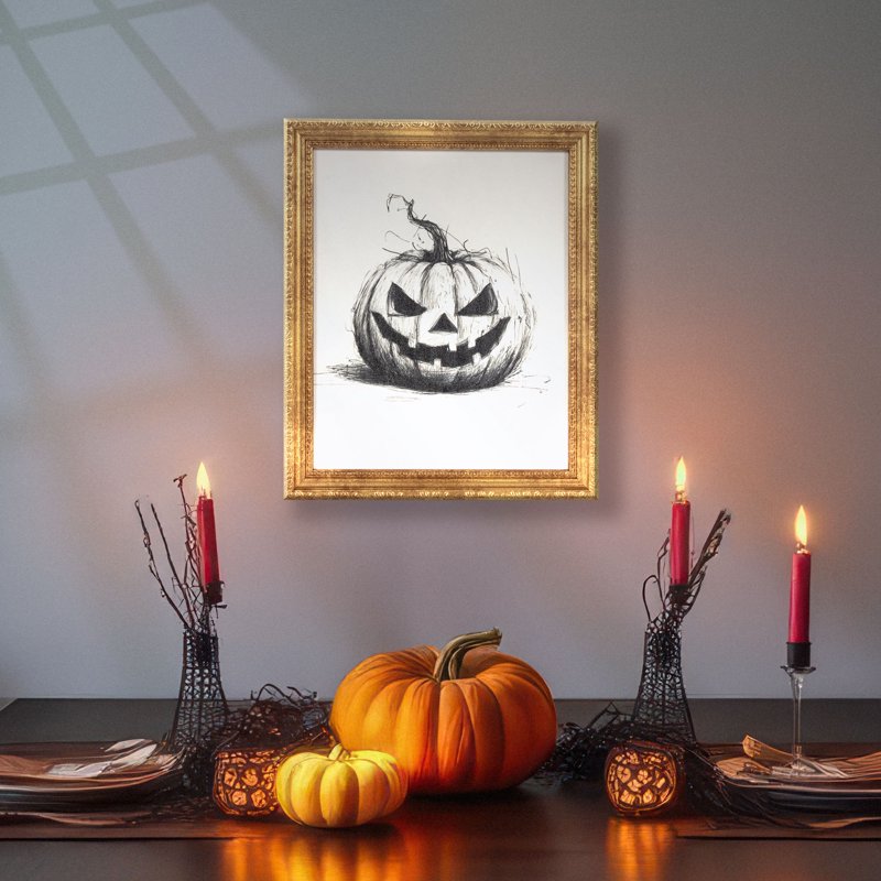 Halloween Black and White Pumpkin Framed Wall Art 9x11 - Spooky Decor