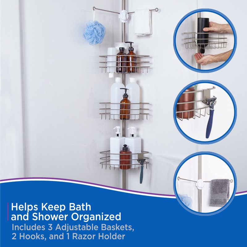 Adjustable Corner Shower Caddy with Rust-Resistant Steel and Brushed Nickel Finish