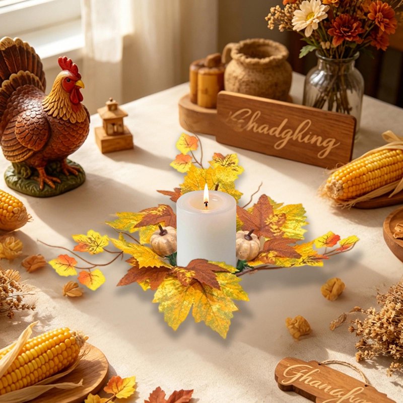 Fall Pumpkin Candle Ring with Maple Leaves - Rustic Autumn Centerpiece - Variation #36