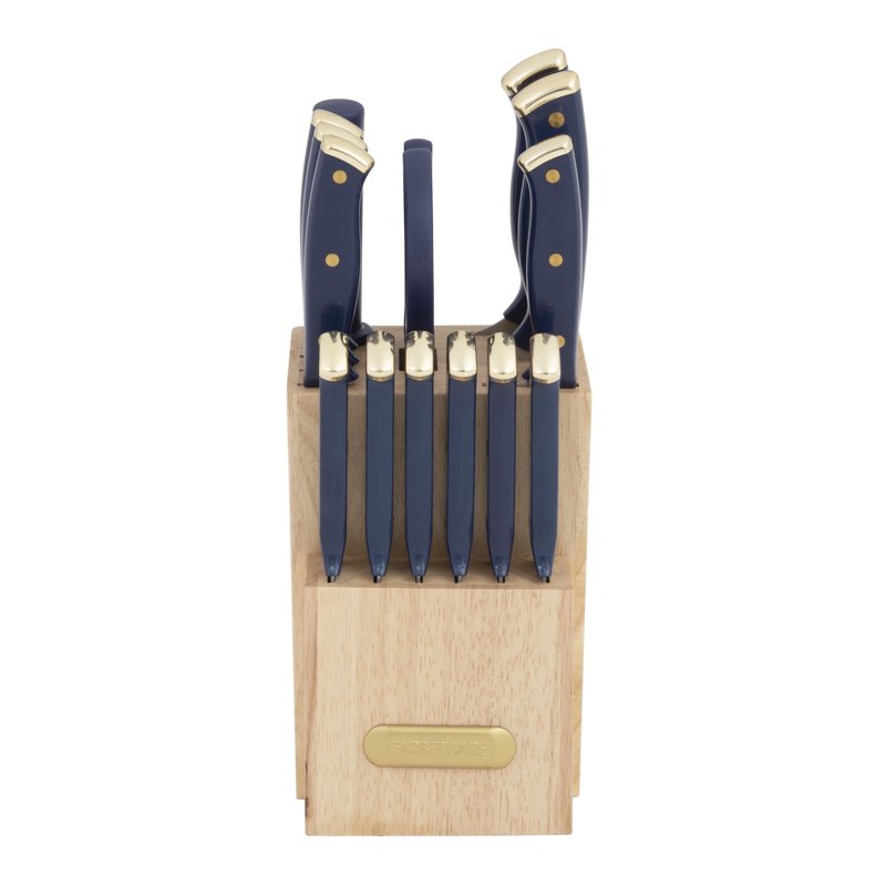 15-Piece Stainless Steel Knife Set with Acacia Block - Blush Gold