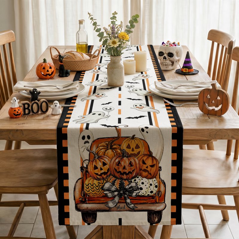 Halloween Table Runner with Ghost Truck, Bats & Bows - Seasonal Fall Kitchen Decor 13x72 Inch D