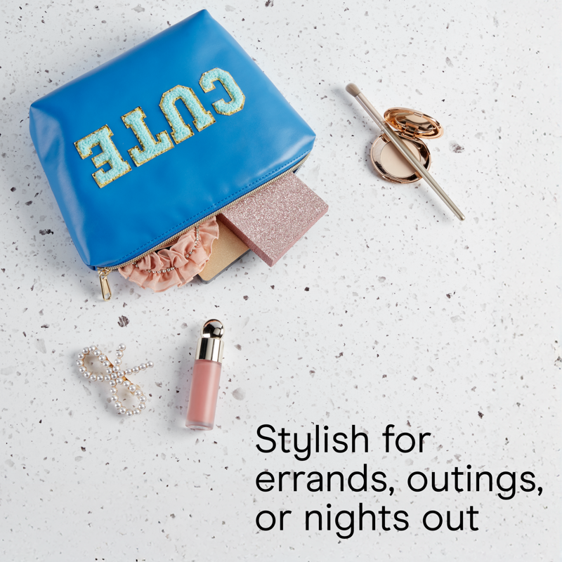 Blue PVC Clutch Pouch with Gold-Tone Accents and CUTE Lettering