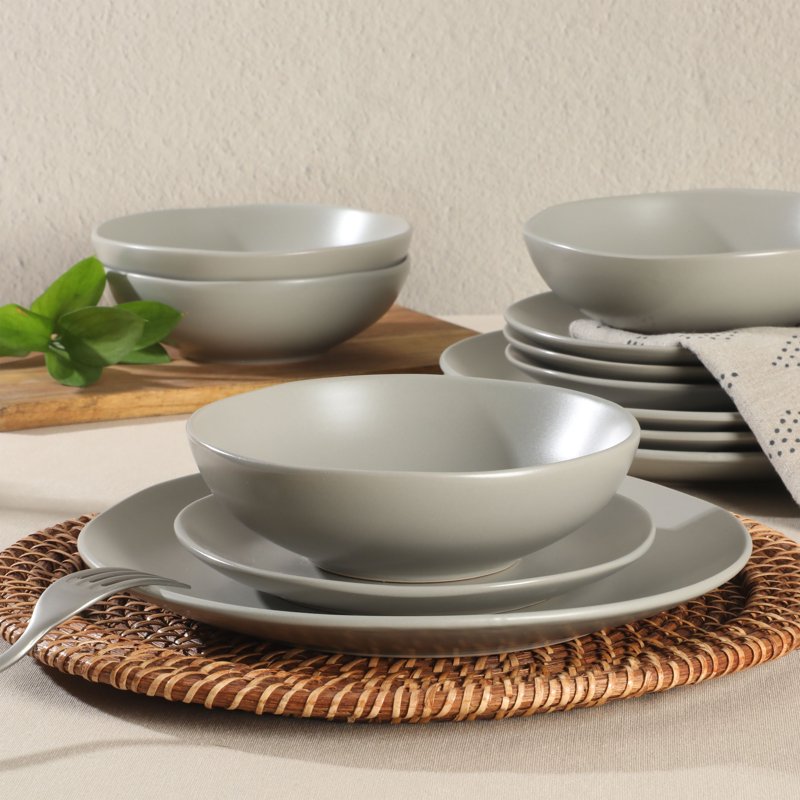 Matte Grey Stoneware Dinnerware Set - 12-Piece