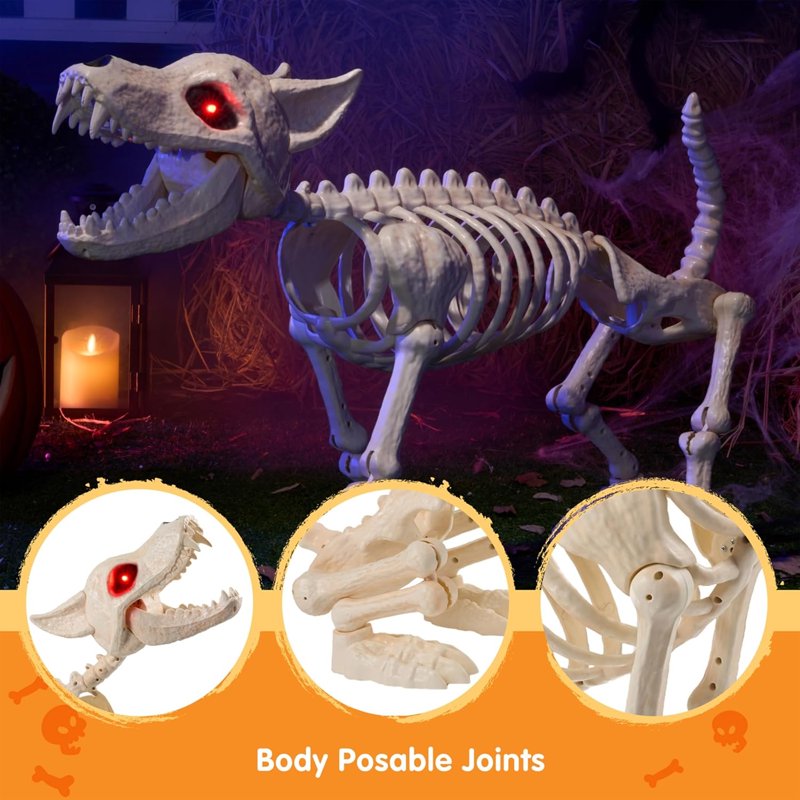 Posable Halloween Skeleton Dog with Red LED Eyes - Indoor Outdoor Decor - Wolf Variation