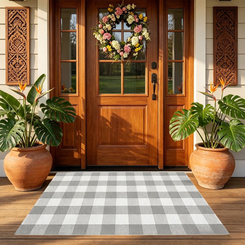 Large Thanksgiving Plaid Doormat - Gray Cotton Blend Layered Entry Rug, 19.6x31.5in