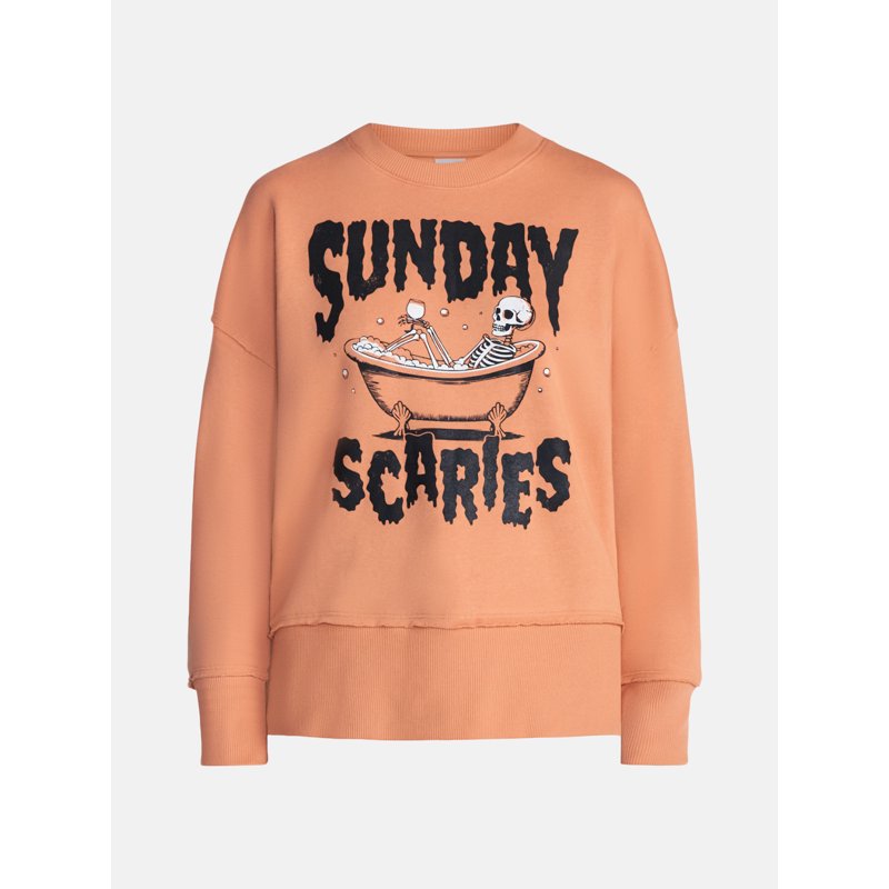 Women's Halloween Graphic Fleece Sweatshirt - Sunday Scaries Orange Adobe XXXL - Spooky and Comfortable