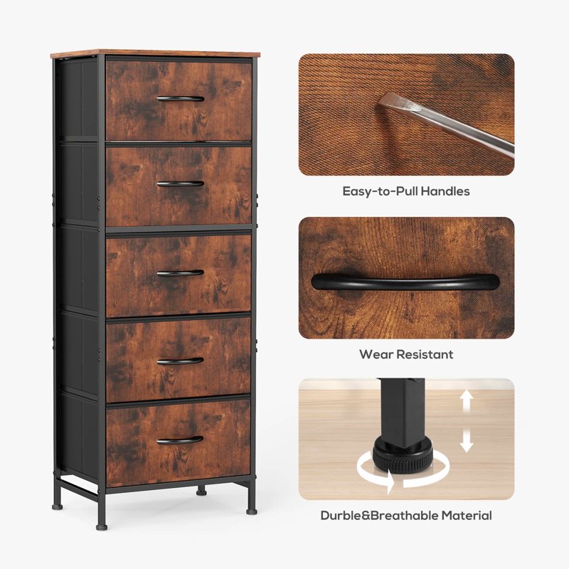 5 Drawer Fabric Dresser with Wooden Top - 5 Drawer Rust
