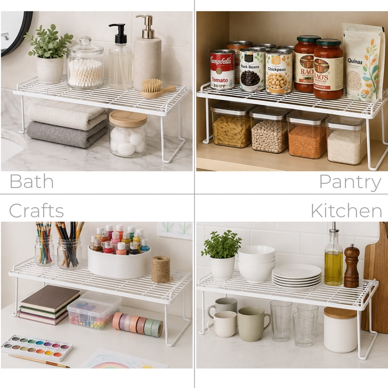 (2 Pack) Metal Wire Stacking Shelf Organizer for Kitchen & Pantry Storage - 22x10x7 White