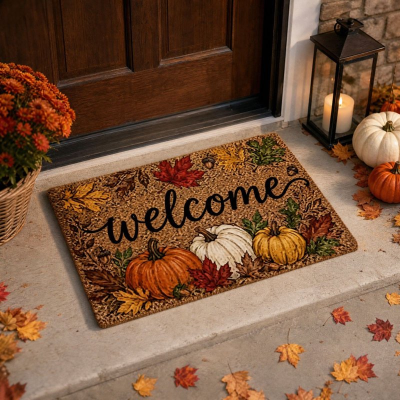 Thanksgiving Harvest Doormat - Non-Slip Welcome Floor Mat with Pumpkin & Maple Leaves - A-b