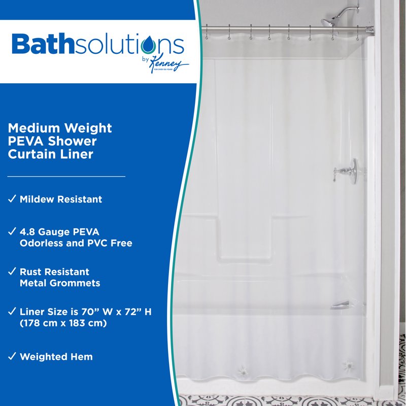 Kenney Clear PEVA Shower Curtain Liner - Medium Weight, 70 x 72 Inches, Variance: Clear