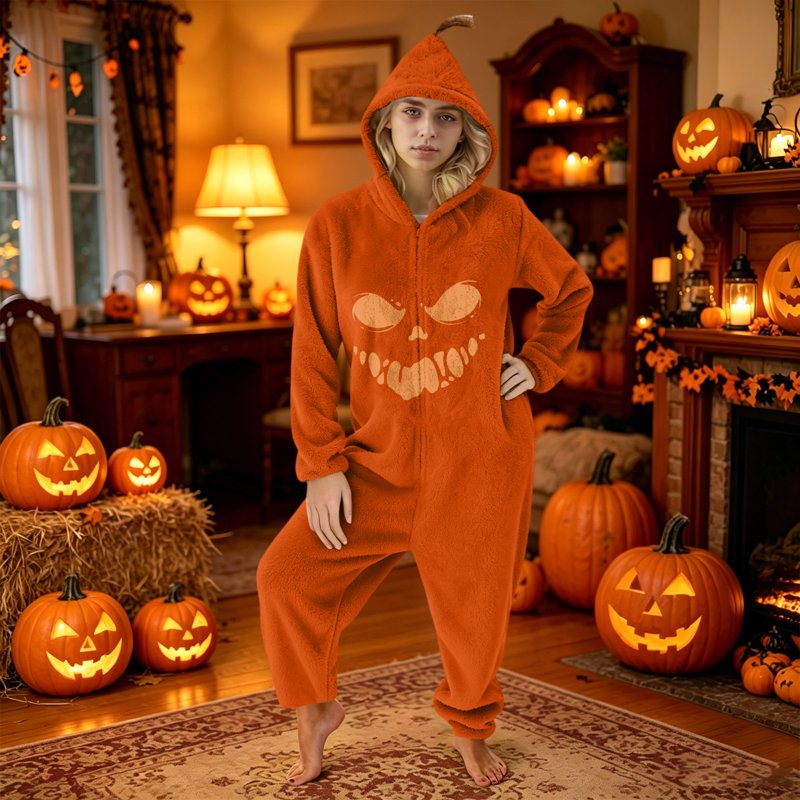 Family Pumpkin Cosplay Onesie Pajamas with Hood - Cozy Halloween Loungewear W L