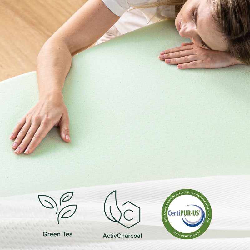 Twin XL Memory Foam Mattress Topper 4-inch Support & Comfort, Green Tea & Charcoal Infused