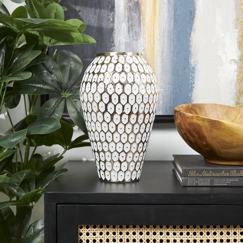 11" Gold Metal Geometric Dot Vase with White Accents - Round