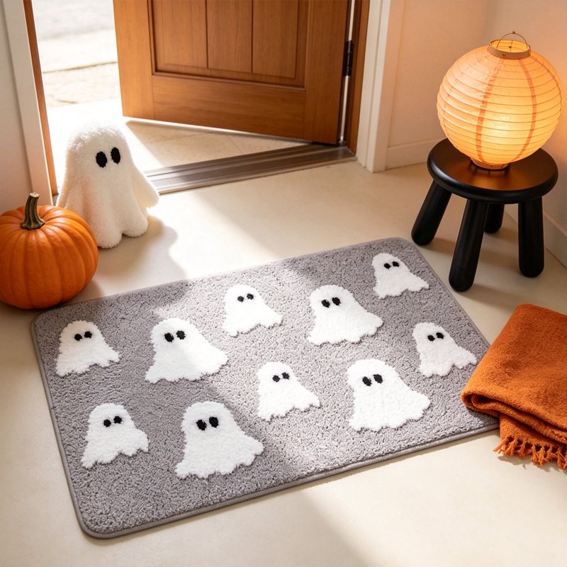 Halloween Ghost Bath Mat 23.6x15.7in Faux Fur Rug with Secure Grip - Gray Variation 01