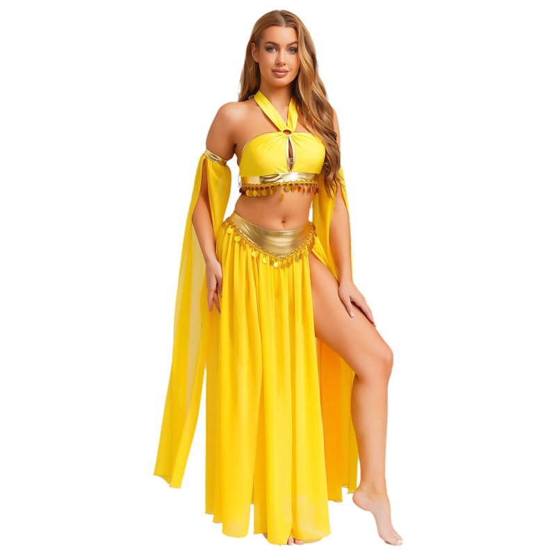 Women Belly Dance Costume Set with Chiffon Skirt and Crop Top - Yellow, S