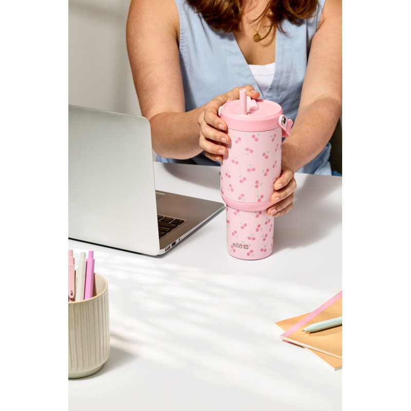 24oz Stainless Steel Tumbler with Retracting Straw - Pink Cherries
