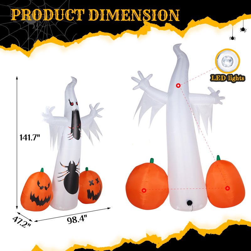 12ft Halloween Inflatable Ghost with Pumpkins Outdoor Decor - Waterproof & Reusable