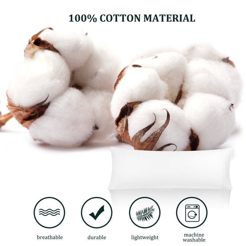 White Cotton Body Pillow Cover 20x55 Zipper Closure - Soft & Breathable
