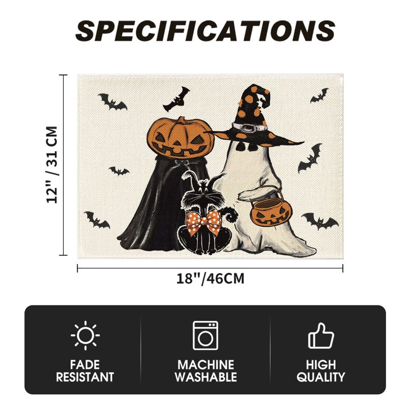 Halloween Ghost Jack-O'-Lantern Black Cat Placemats Set of 4 12x18 Inch Home Decor