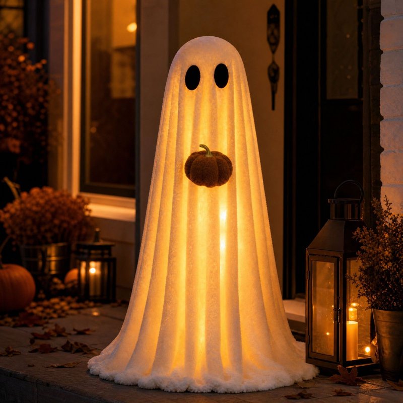 Lighted Ghost Prop Standing Halloween Decoration with Pumpkin, Adjustable Tripod, White, 3.6FT