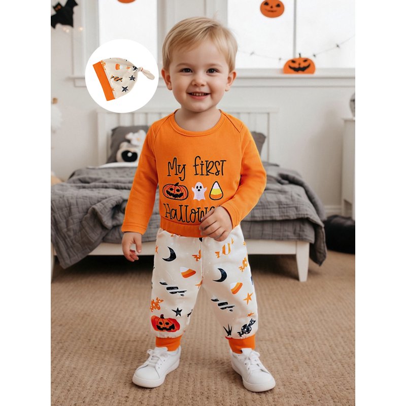 Baby Boy Halloween Outfit Set - Letter Pumpkin Embroidery Romper Pants Hat 12-18 Months Orange B