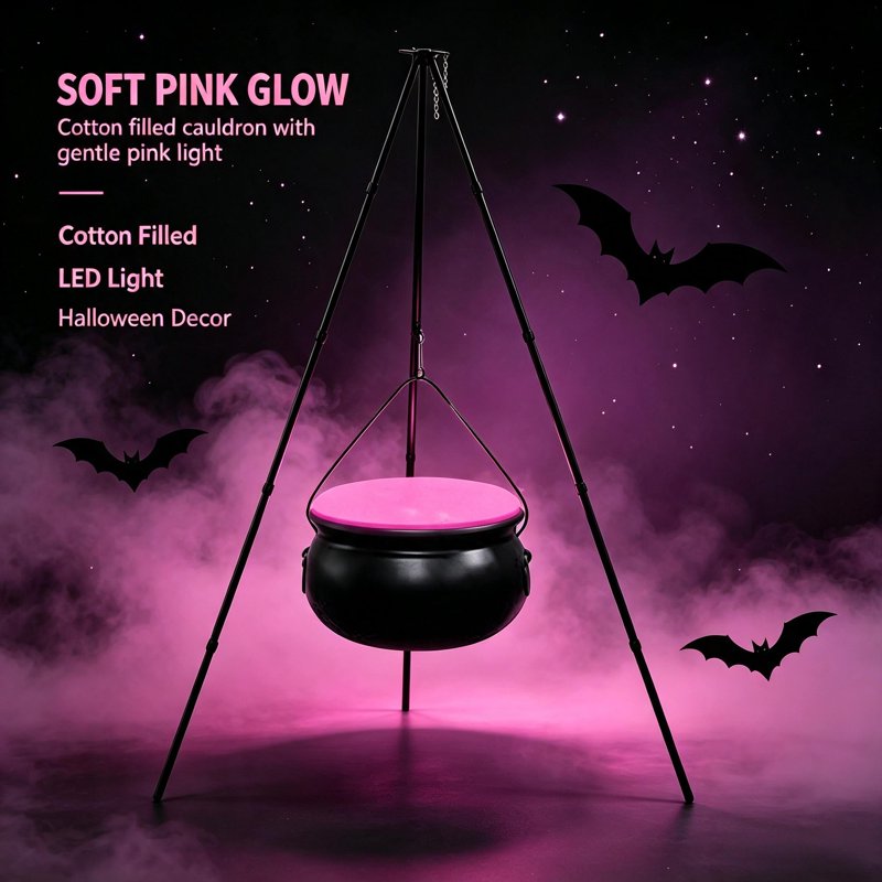 Pink Halloween Cauldron with Tripod & Timer Lights - Outdoor Yard Decor, 30.4" x 7.8" - Pink Variation