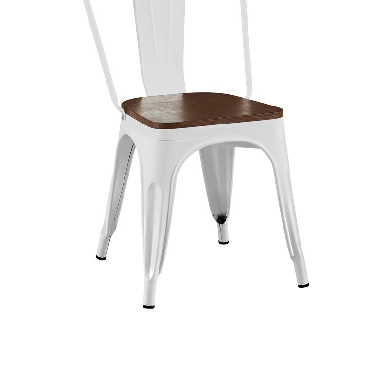 High Gloss White Industrial Metal Dining Chairs - Set of 2 with Walnut Seat