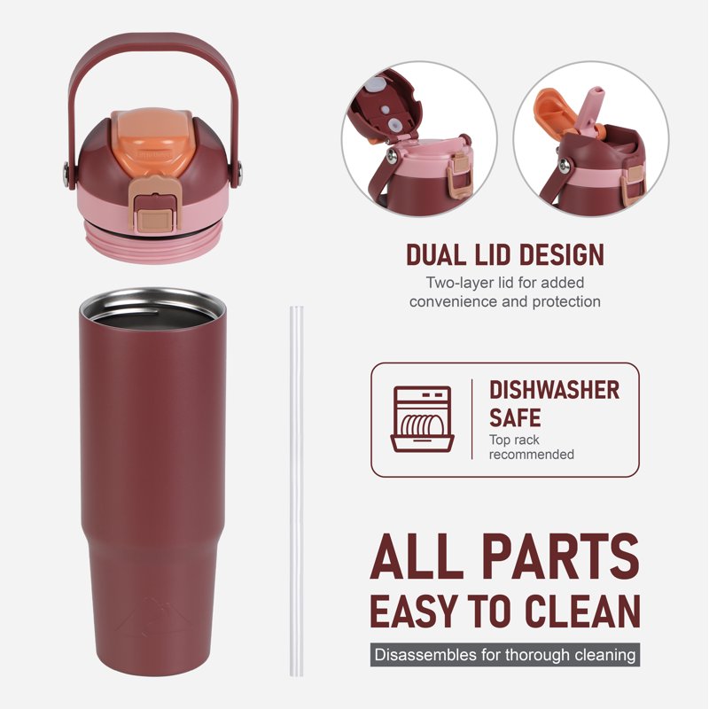 30oz Vacuum-Insulated Stainless Steel Tumbler with Dual Lids - Rose
