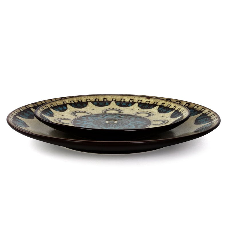 16-Piece Round Stoneware Dinnerware Set - Tan & Blue