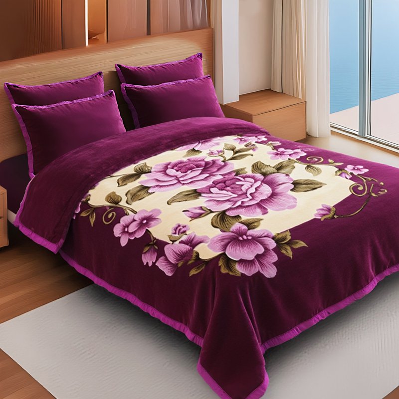 Heavy 10lbs Reversible King Size Plush Blanket - Warm Microfiber Bed Cover - Purple Flower AB Variation
