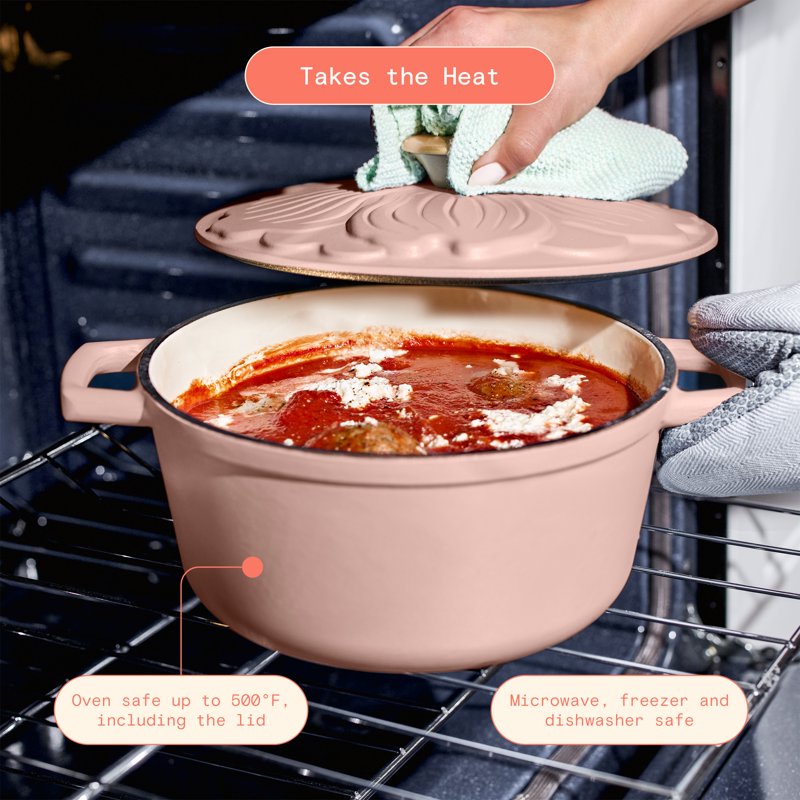 4 Quart Enameled Cast Iron Dutch Oven with Petal Lid - Rose