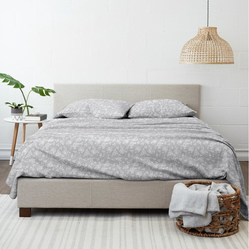 Queen Microfiber Bed Sheets Set with Floral Pattern - Light Gray Rose