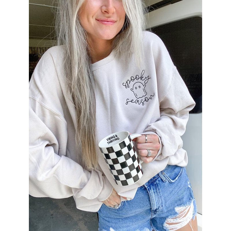 Women’s Halloween Ghost Embroidered Sweatshirt - Spooky Season Pullover, White, S