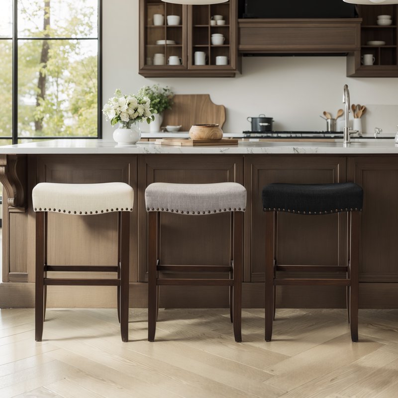 29" Backless Saddle Bar Stool Set of 4 - Gray Wood Upholstered