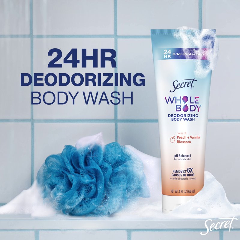 Feminine Wash Deodorizing Body Wash for Women - 24 HR Protection, Peach & Vanilla, 7oz