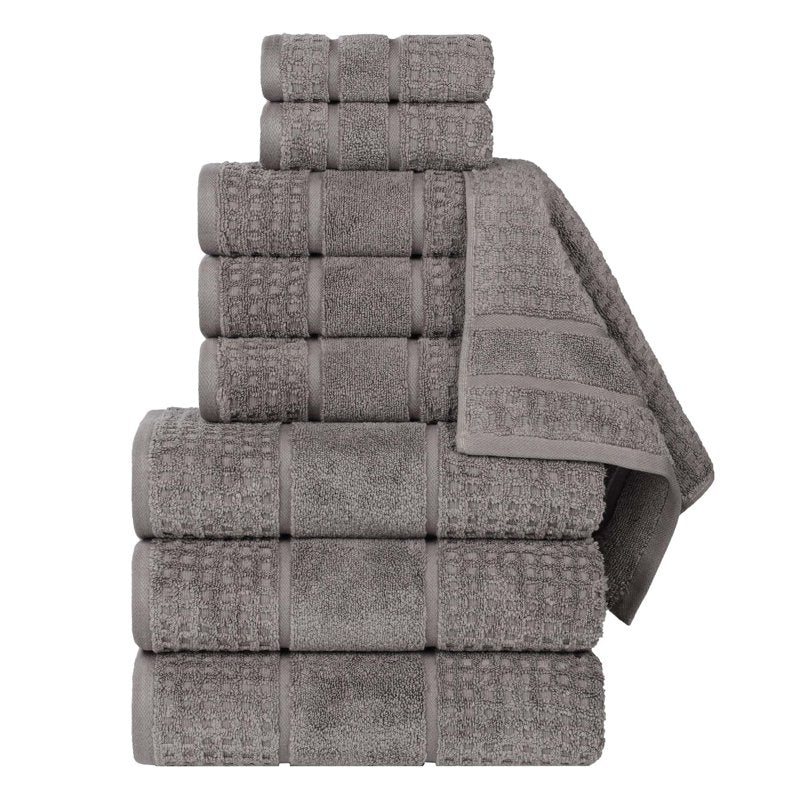 Charcoal 9-Piece Cotton Towel Set with Waffle Border - Ultra Soft & Quick Dry