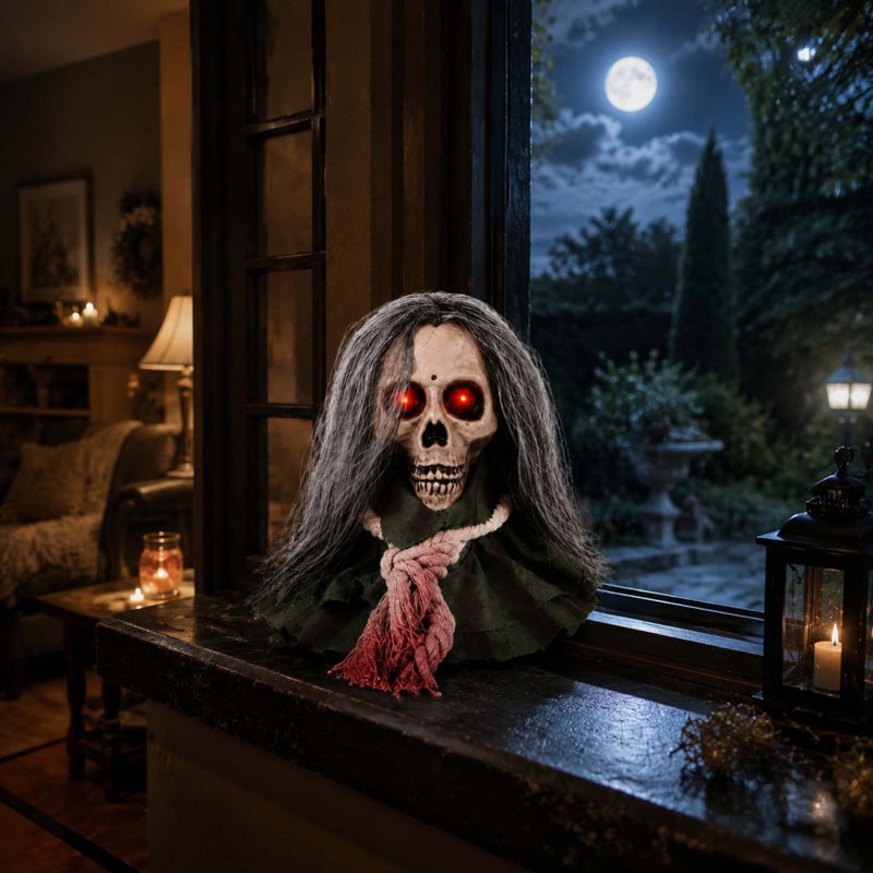 Halloween Moving Skull Head Prop with Long Hair & Glowing Red Eyes - White Variation