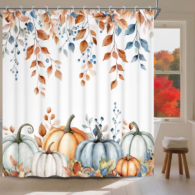 Ikfashoni Fall Halloween Shower Curtain with Hooks - Pumpkin Leaves Waterproof 72x72 inches - Fall 4