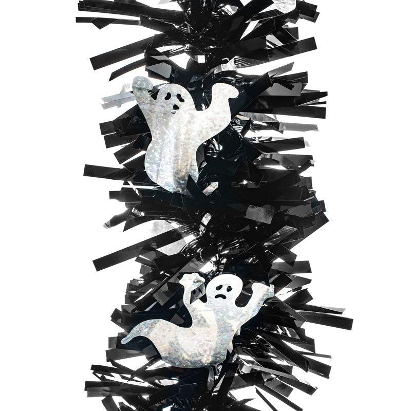 Halloween Ghost Tinsel Garland 12ft - Silver & Black Decor with Ghost Cut-Outs