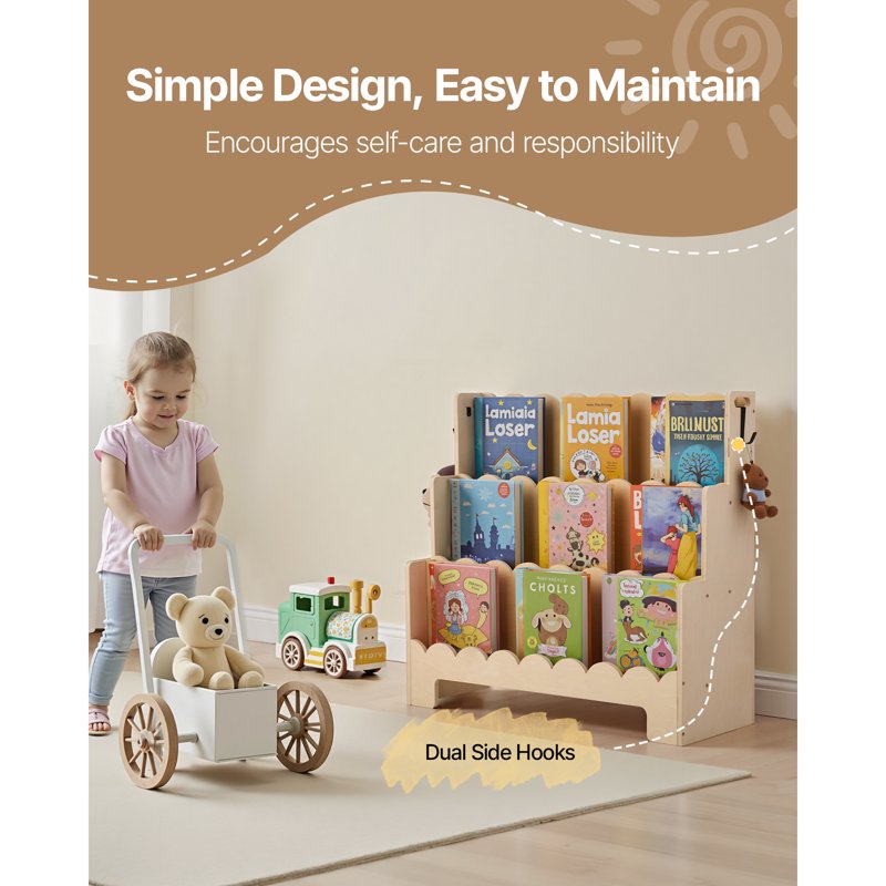 Montessori-Inspired 3-Tier Kids Bookshelf with Dual Hooks